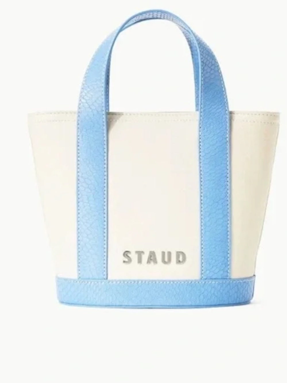 STAUD Cream Tote with Sky Blue Trim